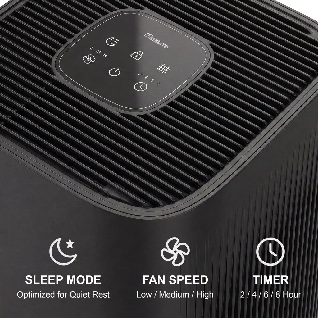 3-quarter top-view closeup of the CPM-MaxLite_AP215SF3B air purifier digital controls and info graphics: Sleep Mode-optimized for quiet rest, Fan Speeds of low, medium and high, and Timer with settings for 2,4,6 and 8 hours.