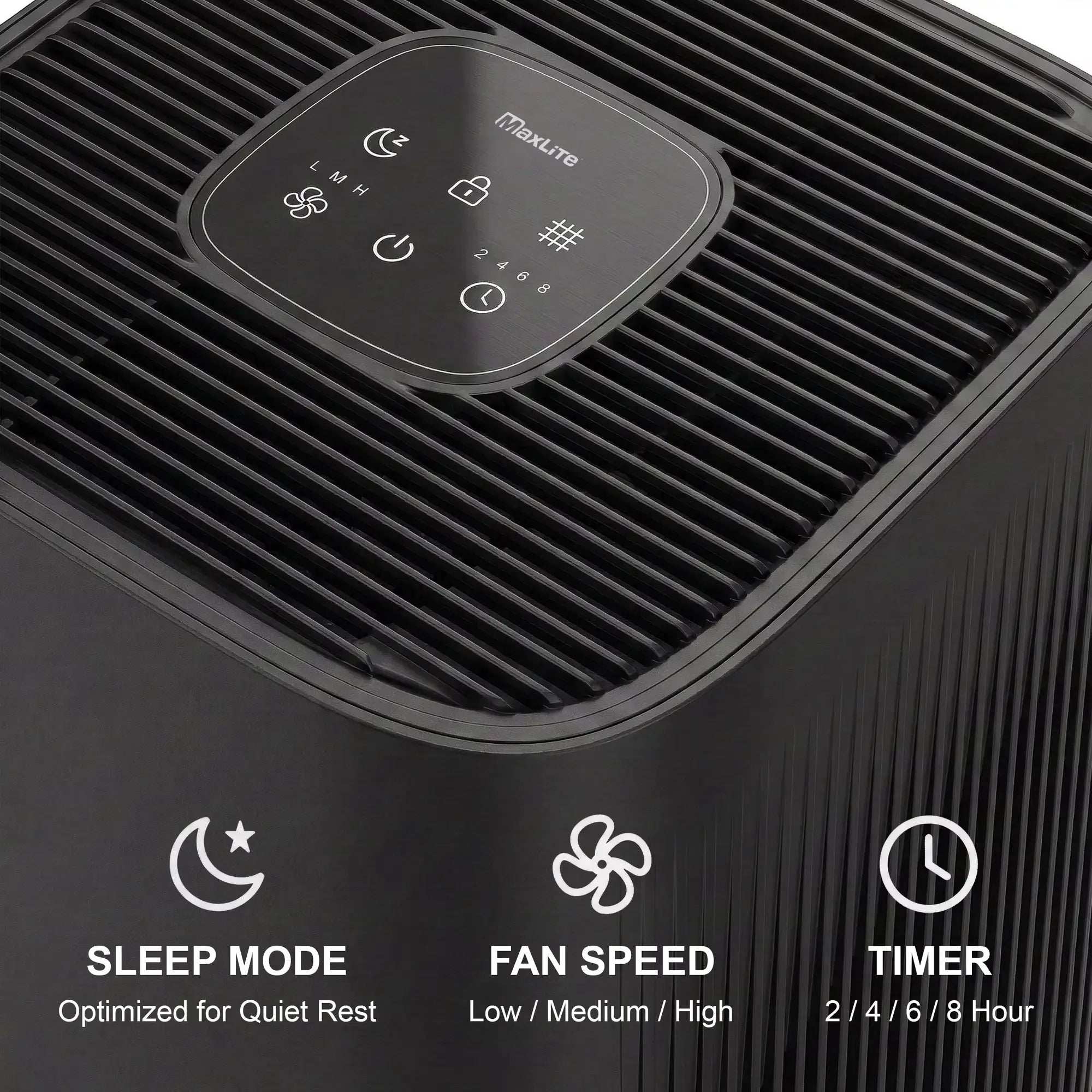 3-quarter top-view closeup of the CPM-MaxLite_AP215SF3B air purifier digital controls and info graphics: Sleep Mode-optimized for quiet rest, Fan Speeds of low, medium and high, and Timer with settings for 2,4,6 and 8 hours.