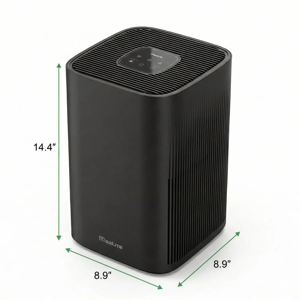 3-quarter lifestyle view of the CPM-MaxLite_AP215SF3B-with dimensions included: 14.4"h x 8.9"w x8.9"d