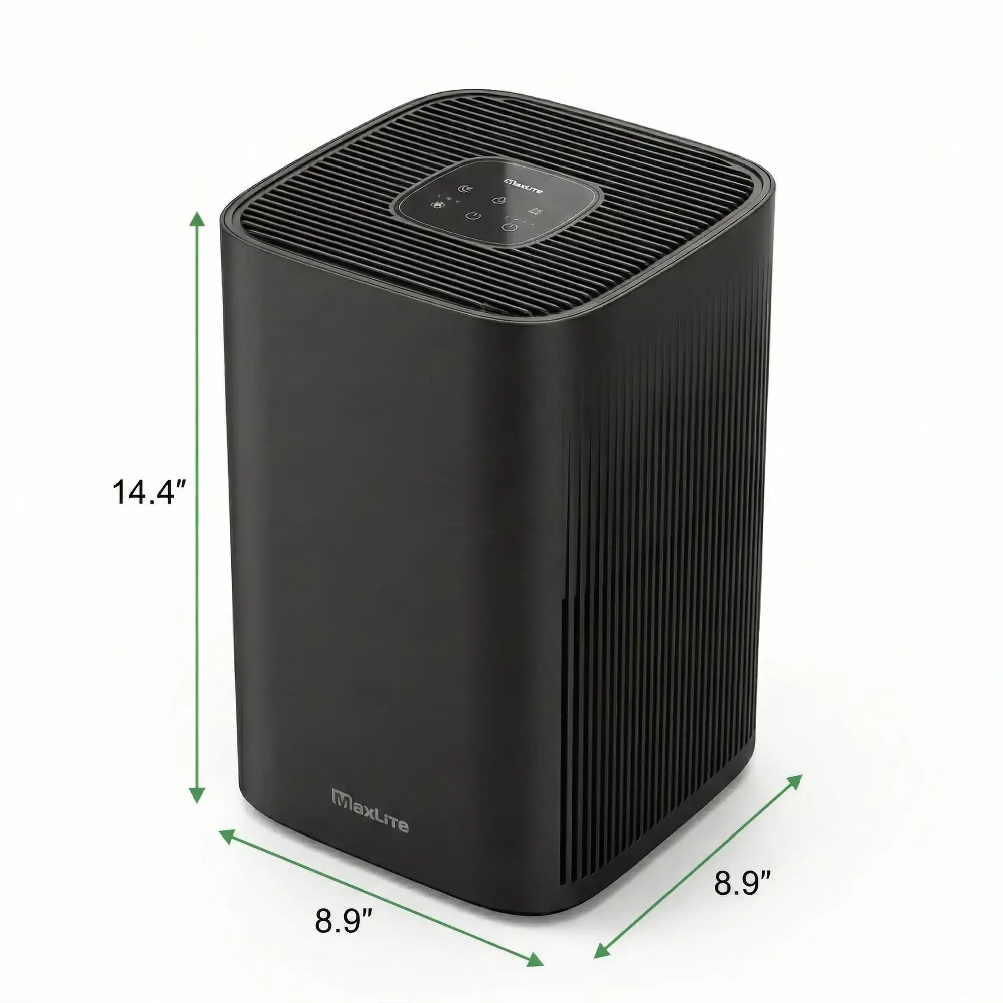 3-quarter lifestyle view of the CPM-MaxLite_AP215SF3B-with dimensions included: 14.4"h x 8.9"w x8.9"d