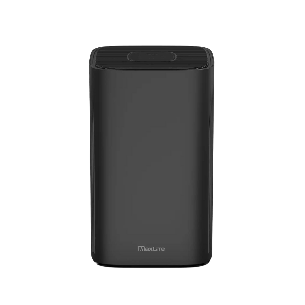 Straight on view of the CPM-MaxLite_AP215SF3B-air purifier in black with controls on top and small logo on bottom front