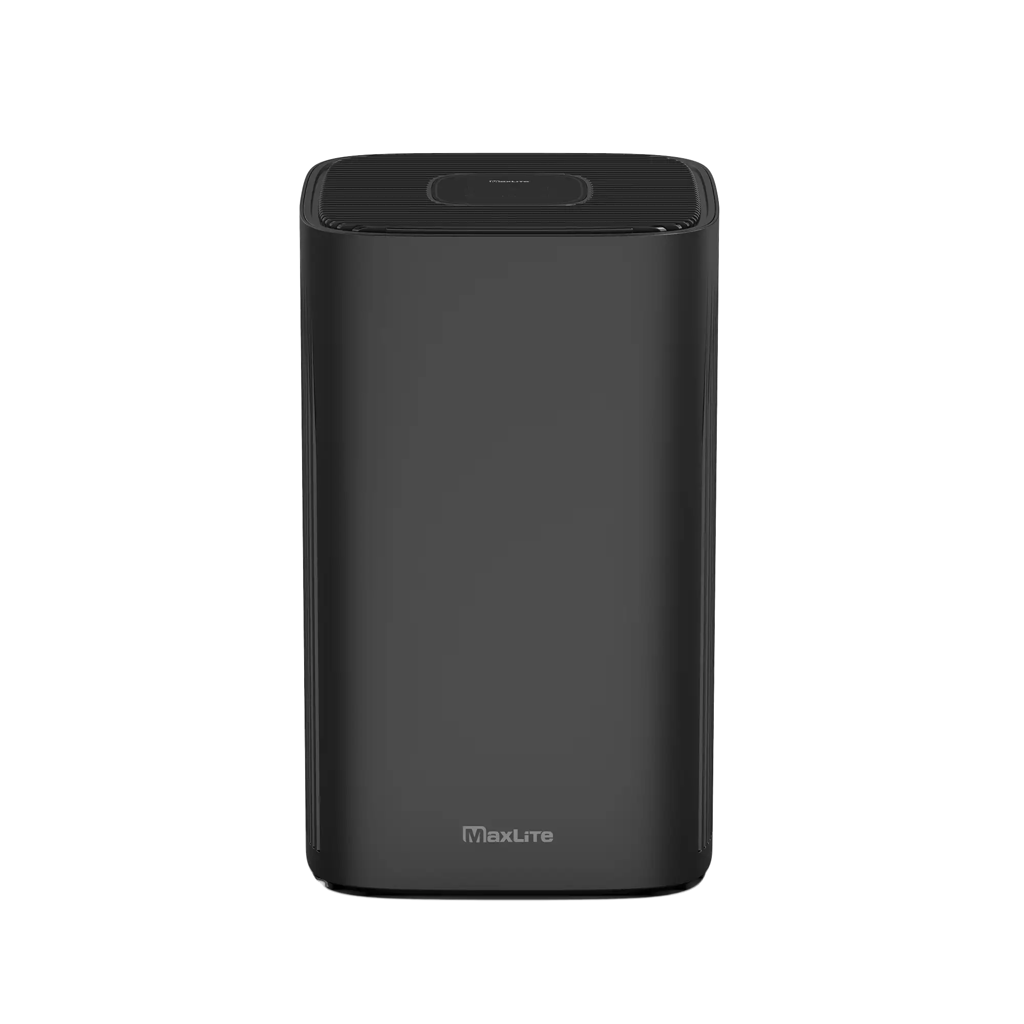 Straight on view of the CPM-MaxLite_AP215SF3B-air purifier in black with controls on top and small logo on bottom front