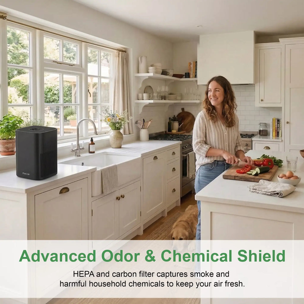 3-quarter lifestyle view of the CPM-MaxLite_AP215SF3B-air purifier on a a kitchen side counter