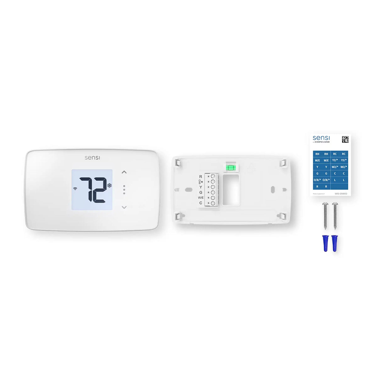 Sensi ST25W-Digital Thermostat in white—whats included view—inside back connectors and wiring schematic, with screws and drywall plugs