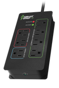 BITS Ltd KCG-7MVR  Tier 1 Advanced Smart Strip—3-quarter view with 1 control outlet, 2 always-on outlets and 4 automatically switched outlets