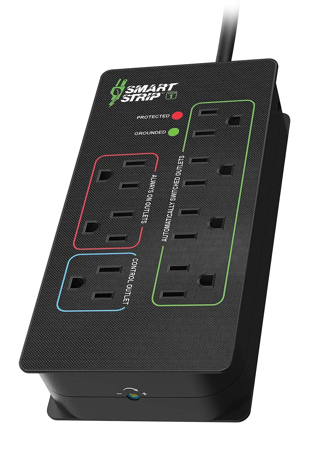 BITS Ltd KCG-7MVR  Tier 1 Advanced Smart Strip—3-quarter view with 1 control outlet, 2 always-on outlets and 4 automatically switched outlets