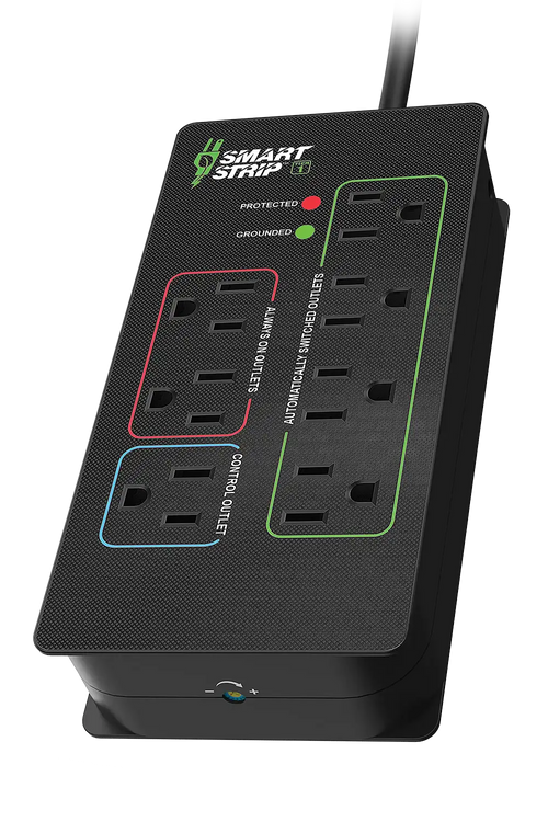 BITS Ltd KCG-7MVR  Tier 1 Advanced Smart Strip—3-quarter view with 1 control outlet, 2 always-on outlets and 4 automatically switched outlets
