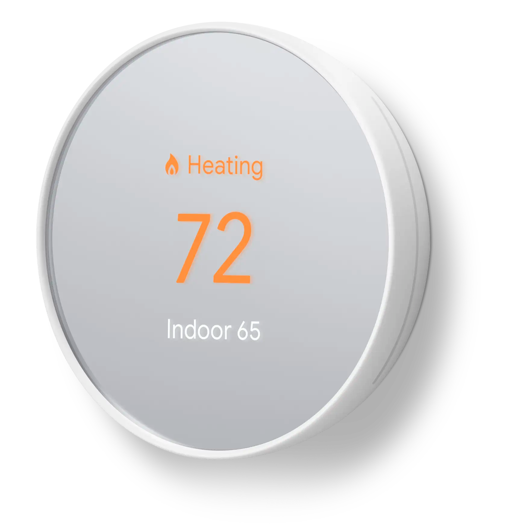 The Google Nest GGA02180US smart thermostat in white with a 72 degree heating readout on screen